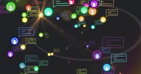 Avatar and chat icons emerging drifting to pulsing star forming ring for network Stock Footage 312486221