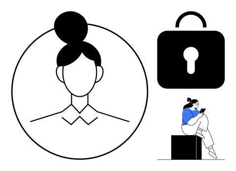 Avatar with bun hairstyle framed in circular border, alongside lock symbol an Stock Illustration
