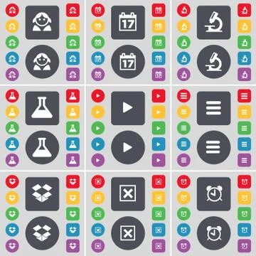 Avatar, Calendar, Microscope, Flask, Media play, Apps, Dropbox, Stop, Alarm cloc Stockillustratie