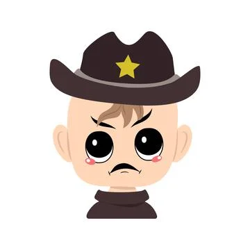 Avatar of child with angry emotions, grumpy face, furious eyes in sheriff hat Stock Illustration