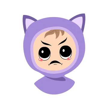 Avatar of child with angry emotions, grumpy face, furious eyes in cat hat Stock Illustration