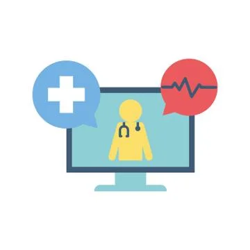 Avatar doctor with stethoscope inside computer flat style icon vector design Stock Illustration
