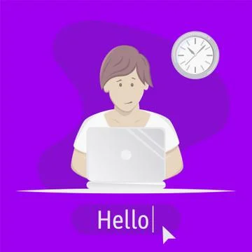 Avatar Hello. Boy sitting at table with laptop Stock Illustration