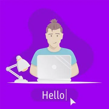 Avatar Hello. Boy sitting at table with laptop イラスト素材