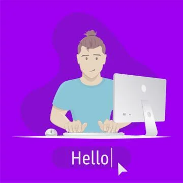 Avatar Hello. Boy sitting at table with computer イラスト素材