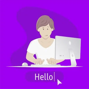 Avatar Hello. Man sitting at table with computer Illustrazione stock