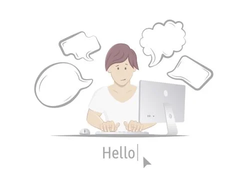 Avatar Hello. Man sitting at table with computer イラスト素材