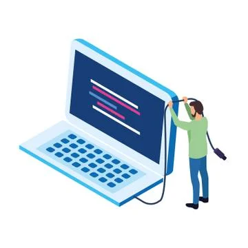 Avatar man with big laptop computer icon, flat design Stock Illustration
