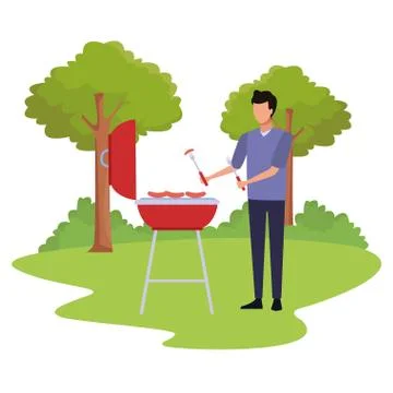 Avatar man cooking in a bbq grill outdoor, colorful design Stock Illustration