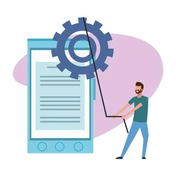 Avatar man pulling a gear wheel and smartphone device イラスト素材
