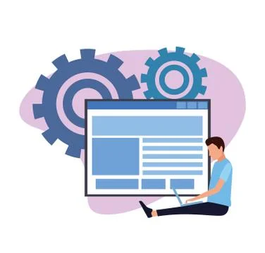 Avatar man using a laptop computer over web windows and gears wheel Stock Illustration
