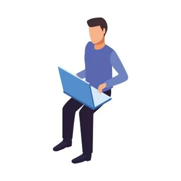 Avatar man using a laptop computer icon, flat design 스톡 일러스트