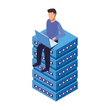 Avatar man using a laptop computer and sitting on data storage center server Stock Illustration