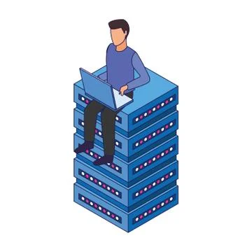 Avatar man using a laptop computer and sitting on data storage center server Illustrazione stock