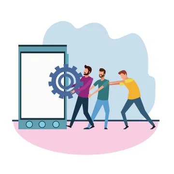 Avatar men pulling a gear wheel and smartphone device Illustrazione stock