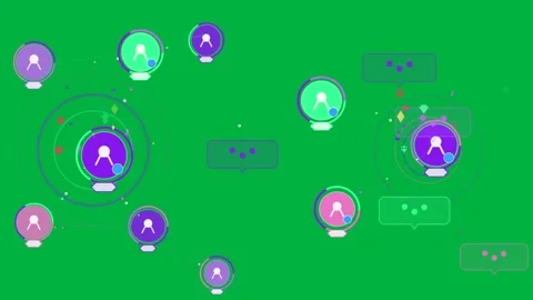 Avatar network on clear canvas reacting to chats, pulsing rings linking nodes Stock Footage 333907658