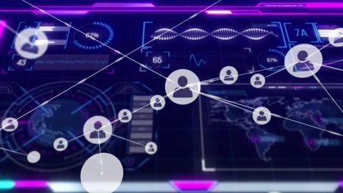 Avatar network expanding from single node, linking icons into dense tech data Stock Footage 332613766