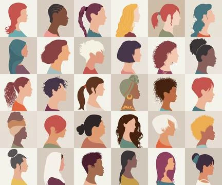 Avatar set portrait group of multicultural diversity women and girls isolated Stock Illustration