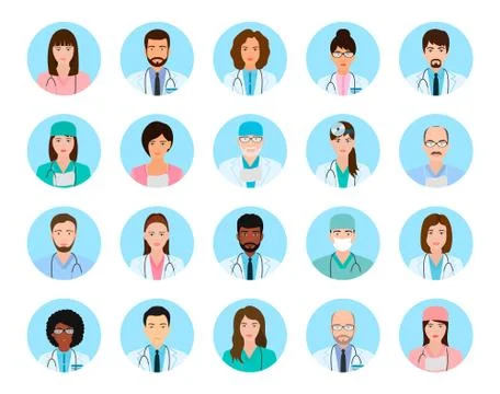Avatars characters doctors and nurses set. Medical people icons of faces on a Stock Illustration