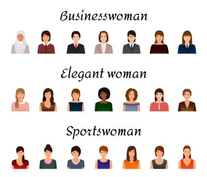 Avatars characters set of different kind women. Business, elegant and sports  Stock Illustration