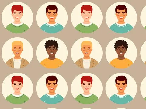 Avatars of happy men. Vector pattern. Flat vector illustration.Avatars of h.. Stock Illustration
