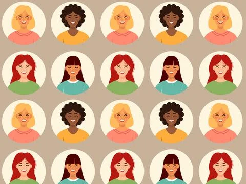 Avatars of happy women. Vector pattern. Flat vector illustration イラスト素材