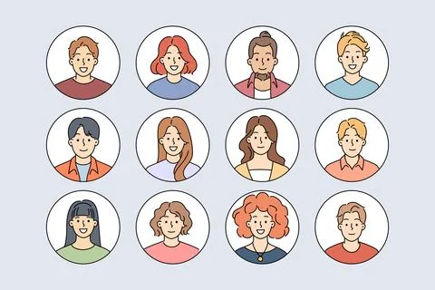 Avatars of people looking at screen with smile, for design of social network or Stock Illustration