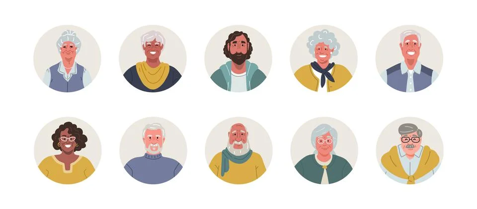 Avatars set of diverse smiling elderly people in round shape Illustrazione stock