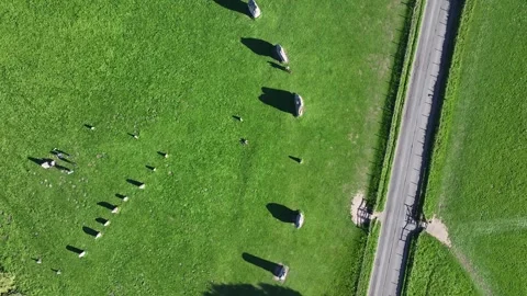 Avebury World's Largest Stone Circle, Wiltshire UK, Drone Overhead Gliding 4K Video stock 318060063