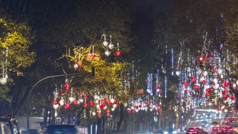 Avenida da Liberdade in Lisbon illuminated with lights hanging from the trees Stock Footage 275541443