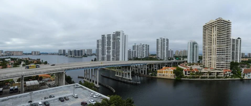 Aventura and Miami Panaromic City view with William Lehman Causeway Stock Photos