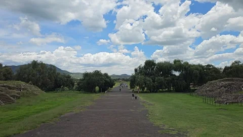 Avenue Lined With Trees And Ruin Mounds Under Clouds, Teotihuacan, Mexico 8K Stock-Footage 340376615