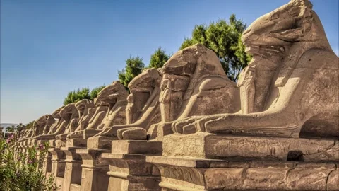Avenue of ram-headed sphinxes in front of Karnak Temple location Luxor Stock Footage 251555913
