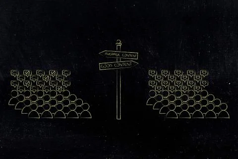 Average or good content road sign with groups of followers reacting different 스톡 일러스트