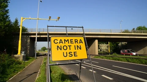 Average speed camera not in use warning sign at roadworks on the A64 york uk Stock Footage 92158886