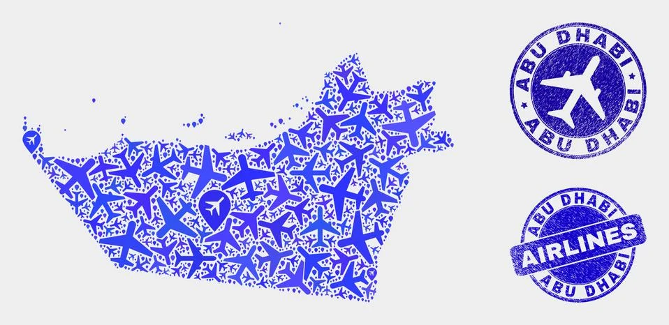 Aviation Composition Vector Abu Dhabi Emirate Map and Grunge Seals Stock Illustration