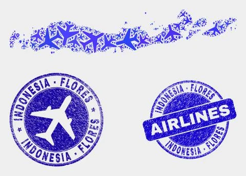 Aviation Composition Vector Flores Islands of Indonesia Map and Grunge Stamps Stock Illustration