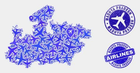 Aviation Composition Vector Madhya Pradesh State Map and Grunge Stamps Illustrazione stock