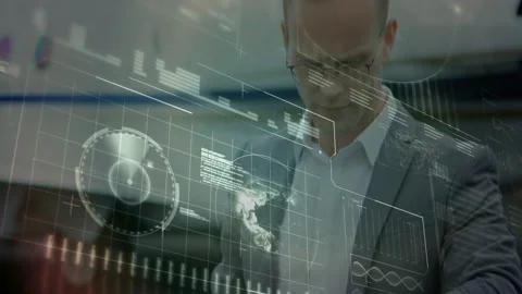 Aviation engineer adjusting smartwatch, activating HUD showing globe in hangar, Video stock 330602033