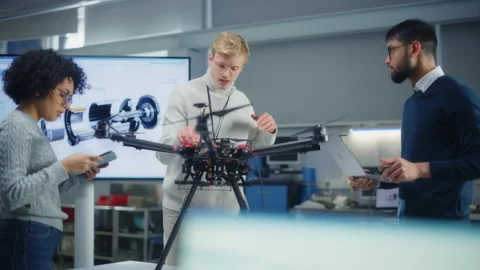 Aviation Engineers Configuring And Testing Drones Stock Footage 189858499