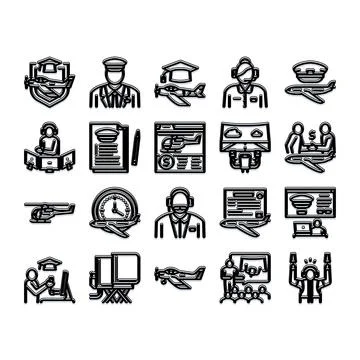 Aviation flight pilot training and education icons Stock Illustration