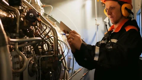 Aviation inspector reviews documentation, maintains records of engine parameters Stock Footage 286974511