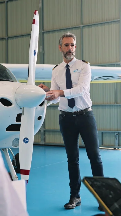 Aviation instructor teaching students in aircraft hangar Stock Footage 343632943
