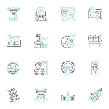 Aviation linear icons set. Aerospace, Airborne, Airline, Airplane, Airway Stock Illustration