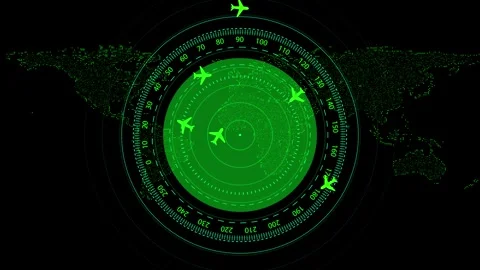 Aviation radar world tracking screen green aircraft symbols, circular scan lines Video stock 340548542