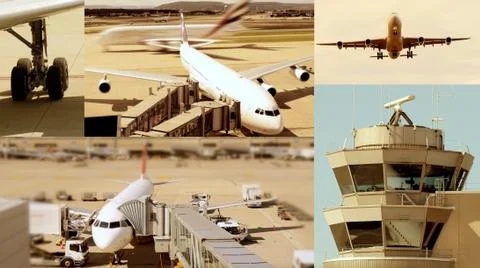 Aviation scenery split screen background of airplanes and airport 스톡 사진