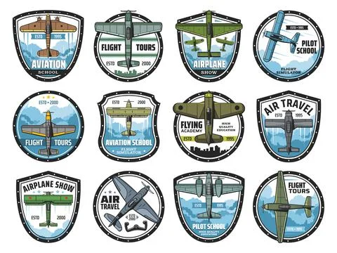 Aviation school vintage planes vector icons Stock Illustration