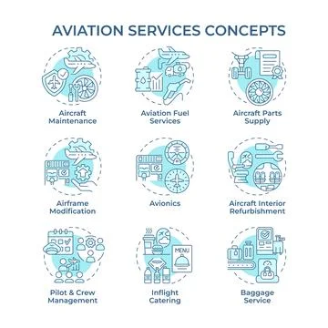 Aviation services soft blue concept icons Stock Illustration