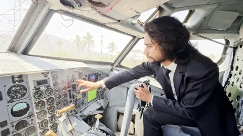 Aviation Student Practices Inside Old Cockpit Stock Footage 313668692