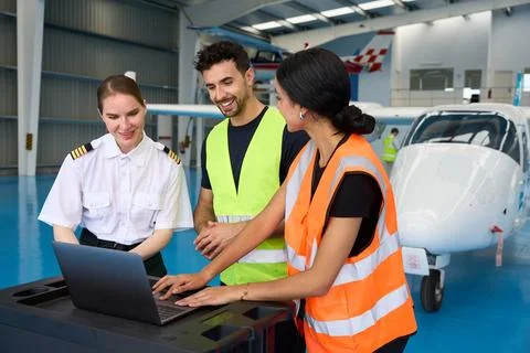 Aviation students and pilot using laptop in aircraft hangar Stock Photos
